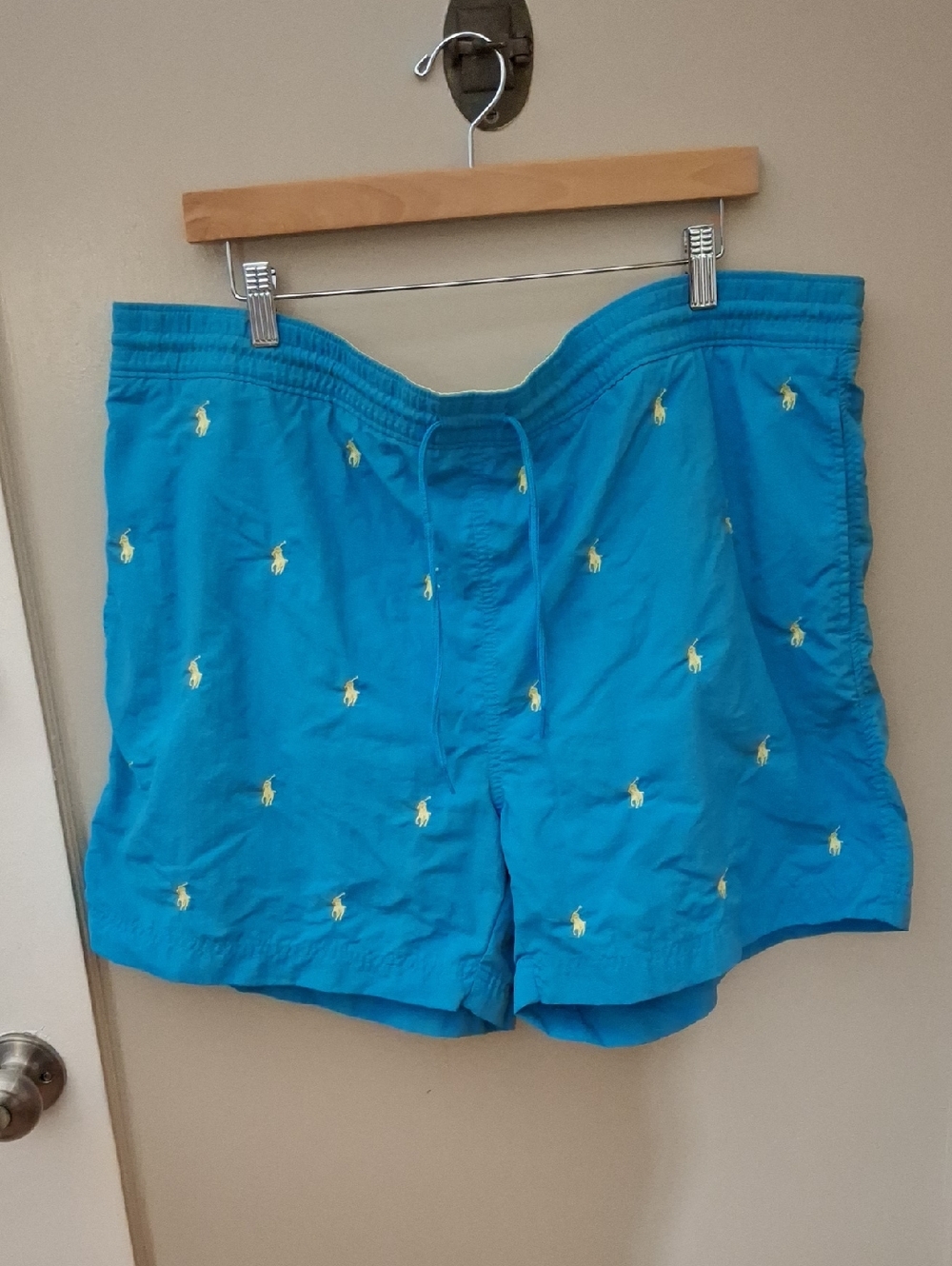 Polo By Ralph Lauren Blue Swim Trunks with Yellow Pony Embroidery_1